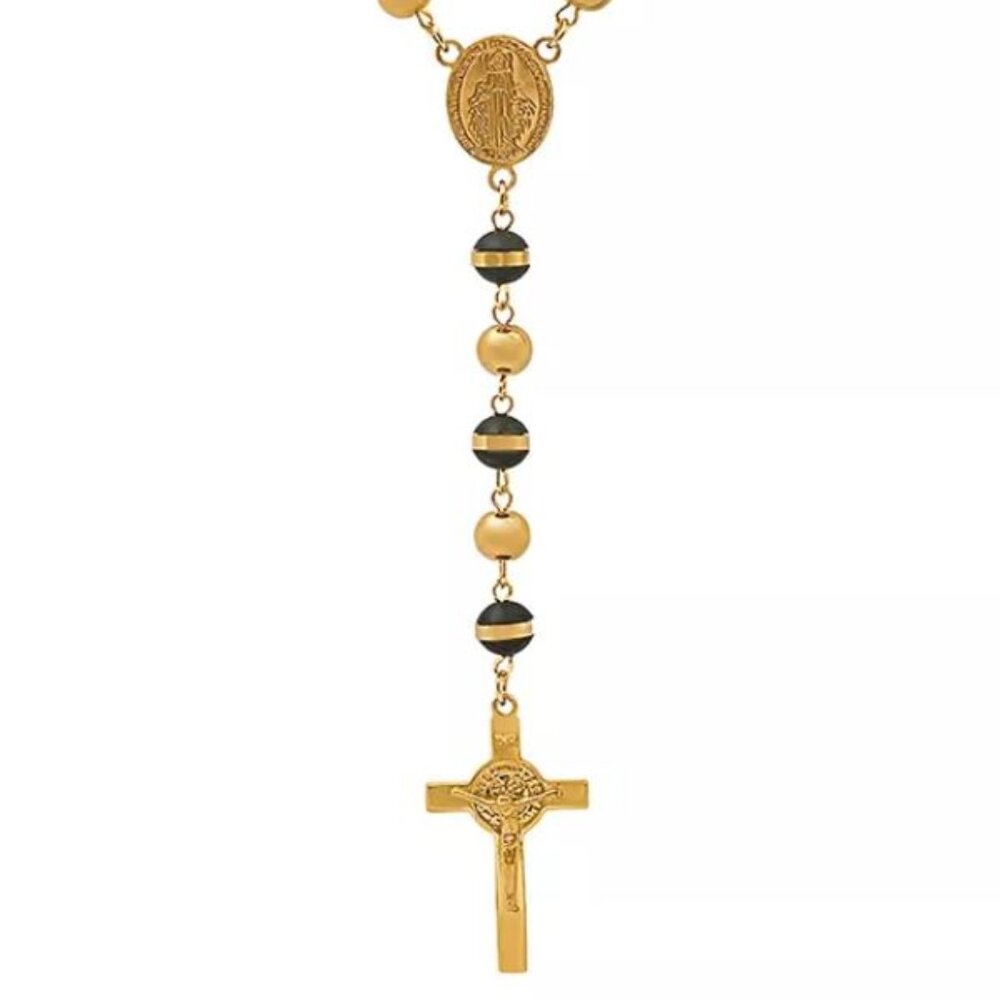 Steeltime Stainless Steel Rosary – Black Rubber & Gold, NWT